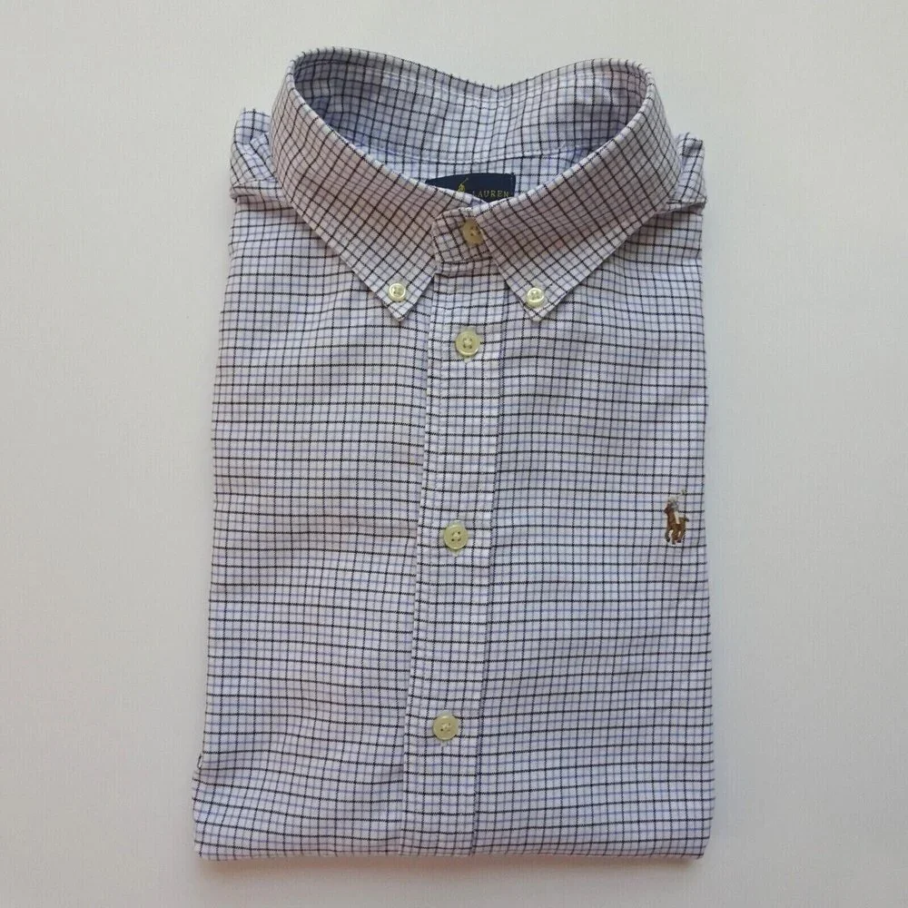 💰3/$25 Ralph Lauren Boy's Button Down Shirt Blue Plaid Oxford PONY Logo L